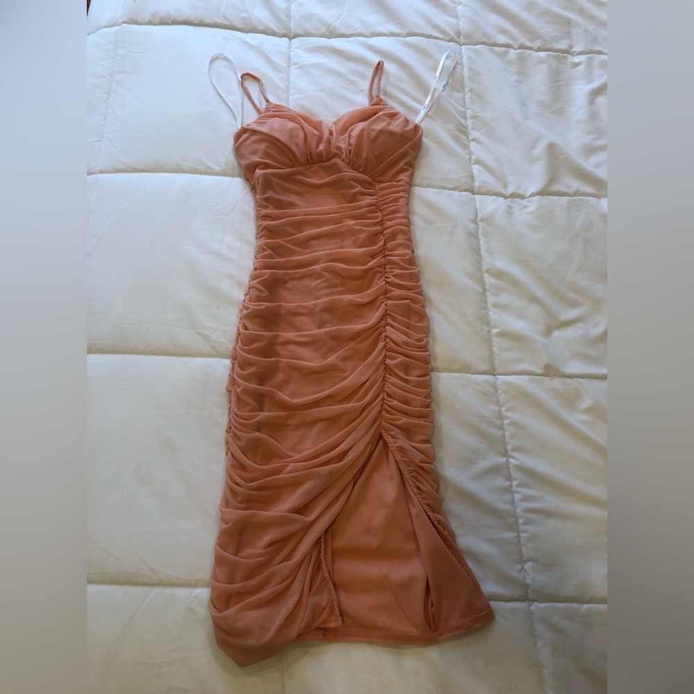 Lulus Got You Staring Peach Ruched Mesh Bodycon Mini Dress